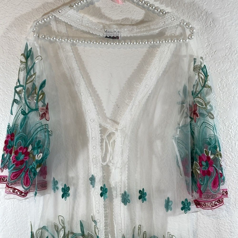 ASHA Floral Embroidered Lace Mesh Sheer Cardigan Kimono & Beach Cover Up - Picture 5 of 7